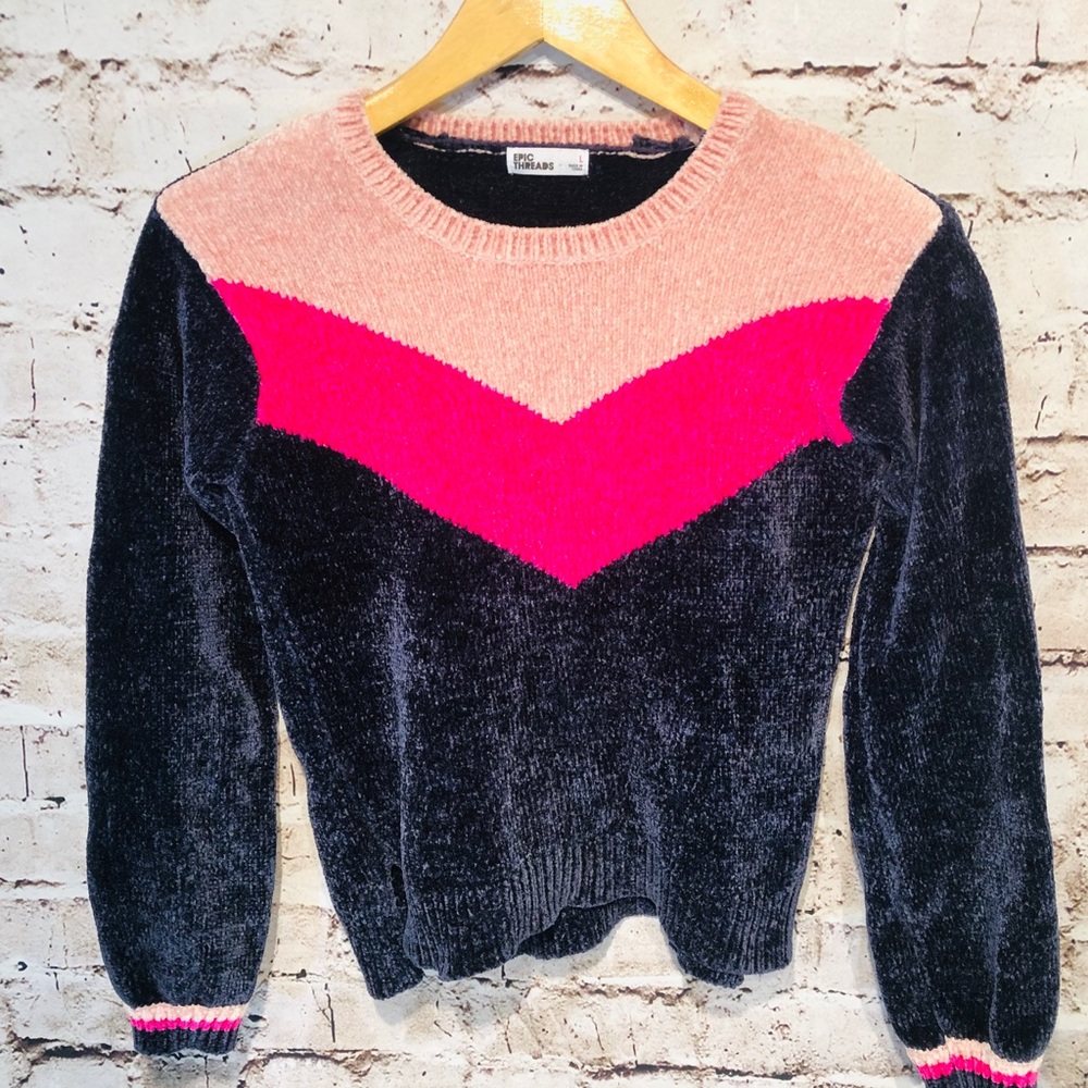 Big Girl Color Block V-Neck Long Sleeve Sweater